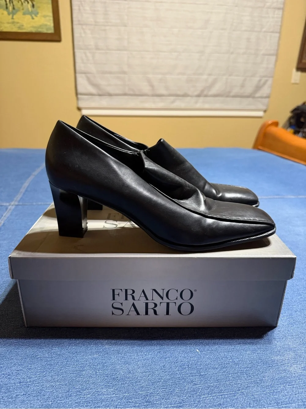 Franco Sarto Black Leather Square-Toe Ankle Booties